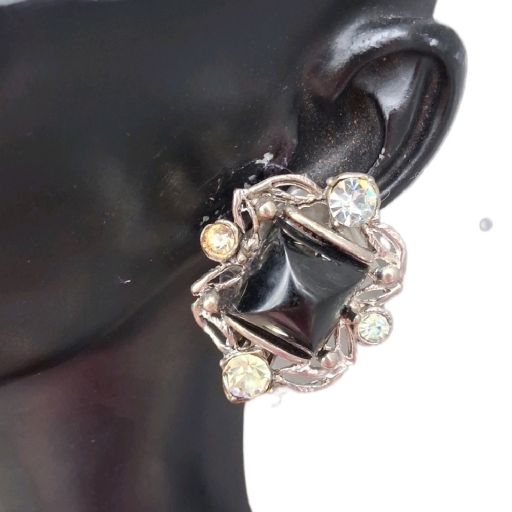Vintage Victorian Revival Black Lucite & Rhinestone Clip On Earrings